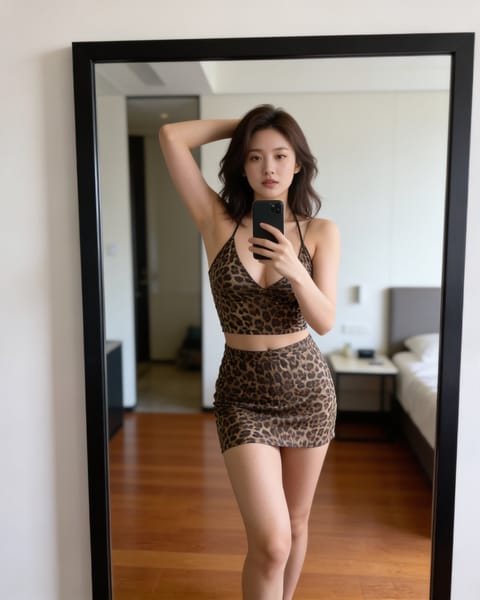 Use the uploaded reference image as the primary visual reference for composition, pose, body positioning, styling, camera perspective, and overall photographic aesthetic.
Create a highly realistic mirror selfie of an adult woman standing indoors in a modern, minimalist hotel/apartment bedroom. Preserve the same overall framing and visual composition as the reference: full-body vertical mirror shot, camera held in one hand in front of the mirror, the other arm raised naturally above/behind the head, relaxed confident posture, slight natural asymmetry in the pose, and the subject positioned slightly to the right of the mirror frame.
She has medium-length softly layered brown hair with natural volume and loose waves, slightly messy in an effortless way. Natural facial expression, relaxed eyes, subtle neutral expression, realistic skin texture, natural proportions, and believable anatomy.
Outfit: a fitted animal-print camisole-style crop top with thin shoulder straps and a matching high-waisted animal-print mini skirt/shorts, creating a coordinated casual fashion look. The clothing should have realistic fabric texture, natural wrinkles, stitching, folds, and physically accurate fit. Keep the styling tasteful and fashion-editorial rather than exaggerated.
Environment: contemporary upscale bedroom or hotel room with warm wooden flooring, off-white walls, a large full-length black-framed mirror, minimalist furniture, a small bedside table, subtle objects in the background, built-in cabinetry, and realistic architectural details. Keep the background slightly imperfect and lived-in rather than sterile.
Photography: realistic smartphone mirror selfie captured through the mirror, vertical 9:16 composition, approximately 26–28mm equivalent wide-angle phone camera, natural perspective with mild smartphone lens distortion, realistic autofocus behavior, subtle computational photography, slightly soft details around the edges, authentic handheld framing.
Lighting: soft natural daylight entering from the side, neutral white balance, gentle shadows, realistic exposure, subtle highlights on skin and hair, no dramatic studio lighting, no excessive HDR, no artificial glow.
Image quality: hyper-realistic photography, physically accurate skin and materials, individual strands of hair visible, realistic pores and subtle skin imperfections, natural fabric texture, accurate reflections in the mirror, realistic shadows and ambient occlusion, believable depth, high dynamic range without looking processed.
IMPORTANT: Keep the image looking like an authentic spontaneous smartphone mirror selfie rather than a professional photoshoot. Avoid plastic-looking skin, excessive body retouching, unrealistic anatomy, exaggerated curves, artificial facial features, over-sharpening, excessive bokeh, cinematic color grading, text, logos, watermarks, or social-media UI.
Match the reference image's overall camera angle, framing, pose, proportions, environment layout, and casual photographic feel while generating a natural, photorealistic result.