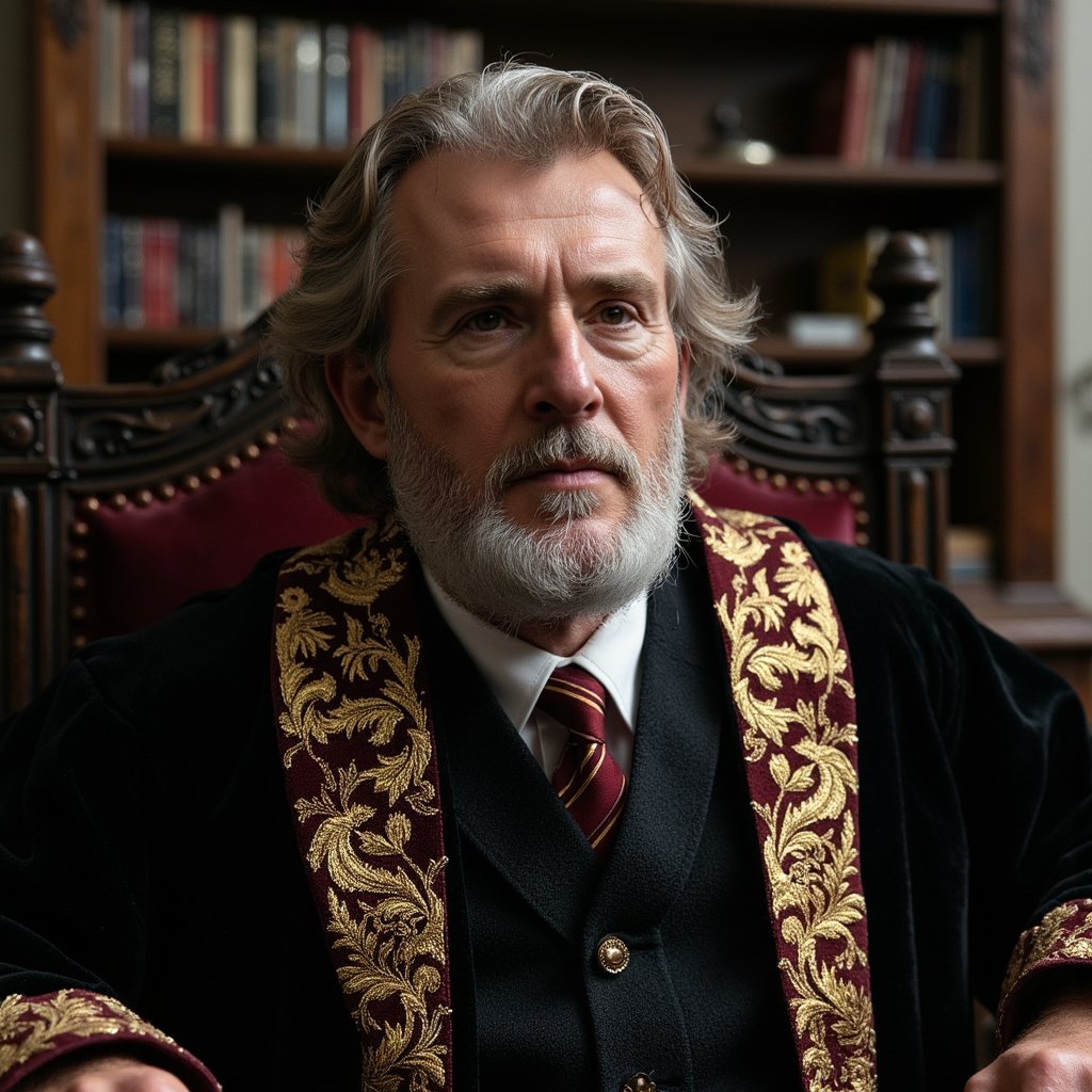 Ultra-detailed, highly realistic HDR seated portrait of a 70-year-old male wizard with warm brown skin, fine wrinkles around kind hazel eyes, and a neatly combed silver mane flowing past shoulders, full matching beard. Wearing an opulent black velvet robe with gold-thread brocade trim, every stitch glinting subtly under light. Pose: seated in a carved high-backed chair, hands resting on armrests, body facing camera, head slightly turned to right as if listening thoughtfully. Camera: Hasselblad X2D, 85mm f/2 prime, aperture f/2, camera at eye level for intimate, dignified composition. Lighting: key light from warm desk lamp (3200K) to left softly illuminating face and robe texture, secondary cool daylight rim (5600K) from stained-glass window behind creating halo-like edge on hair; micro-shadows cast by brocade threads adding depth to fabric. Background: softly blurred wooden shelves lined with neatly arranged books and a single delicate silver instrument catching light, zero clutter beyond key props.