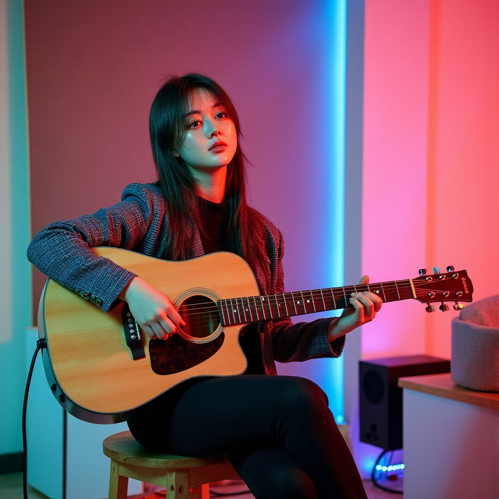 Knee-up portrait of a musician sitting on a wooden stool holding an acoustic guitar, warm ambient lighting, candid moment like a backstage session