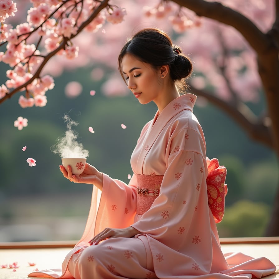 A graceful woman in a delicate silk kimono kneels on a tatami mat under a cherry blossom tree, performing a traditional Japanese tea ceremony. The steam from the teacup rises gently as pink petals float in the air around her.