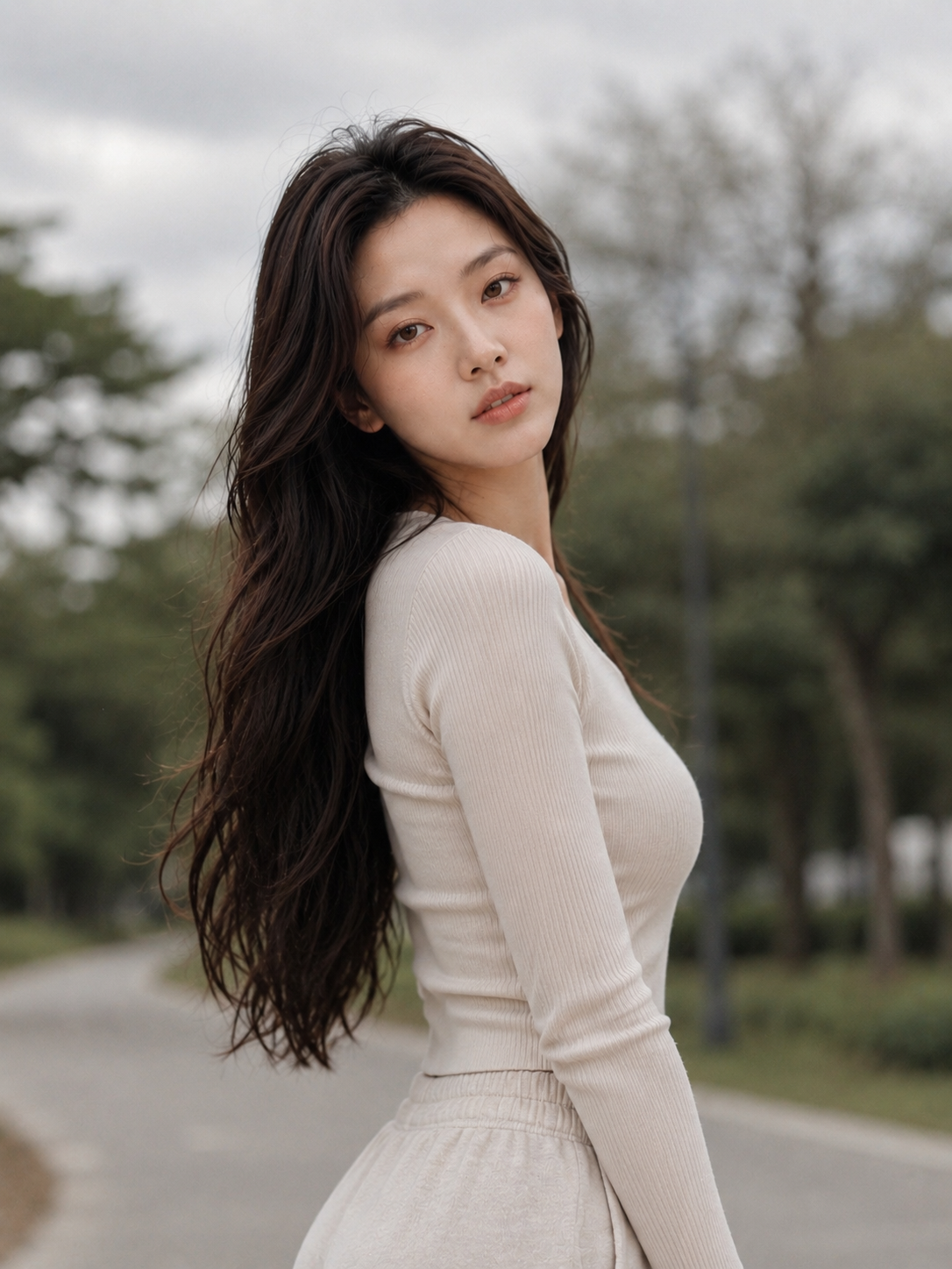 Young woman with long dark hair standing outdoors on overcast day, soft diffused daylight, no directional shadows, cream fitted top