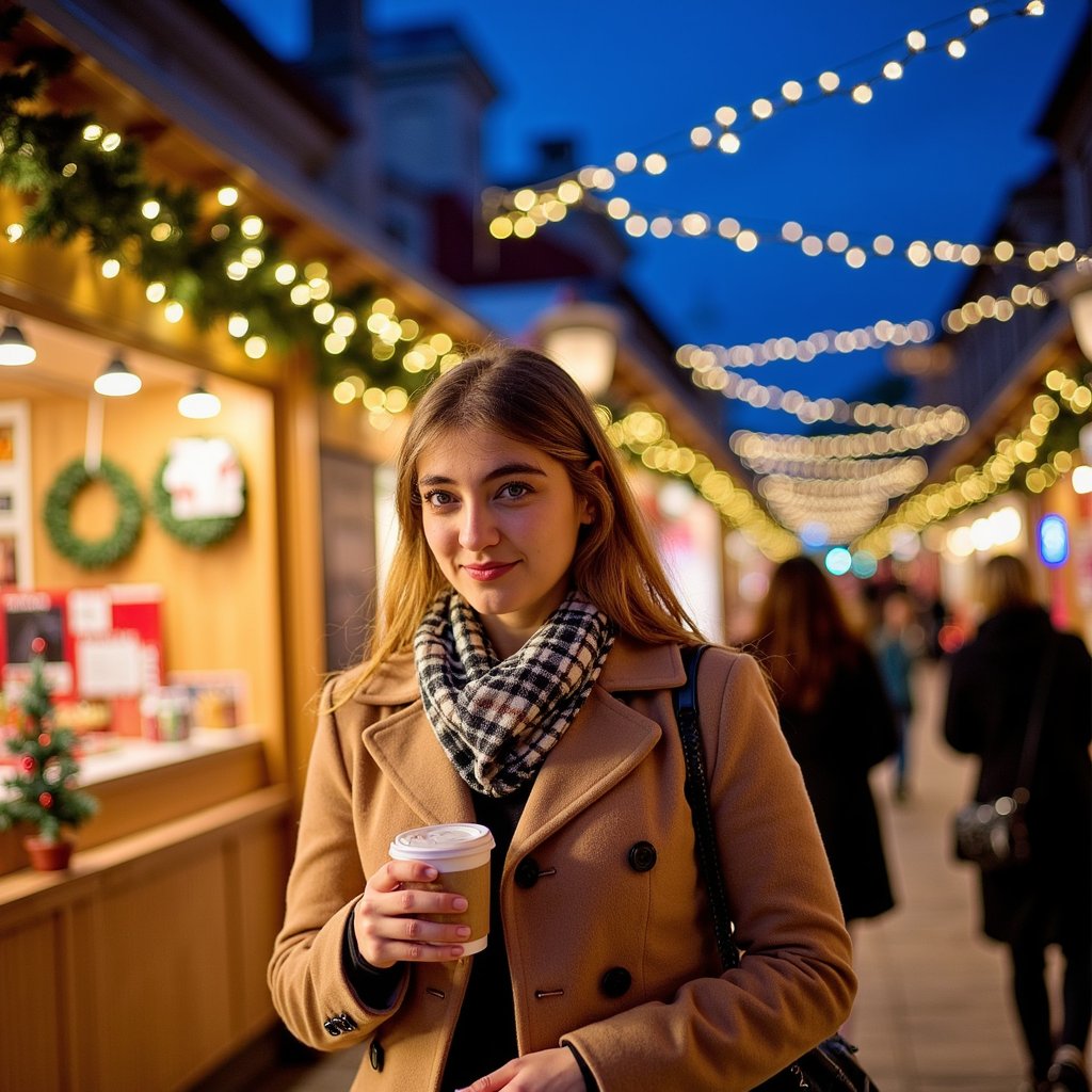close up of a woman walking through a festive outdoor christmas market at night. she wears a warm wool coat with a plaid scarf, holding a paper cup of hot cocoa in one hand. twinkling string lights hang above, glowing softly in the blurred background. her breath is faintly visible in the cold air as she smiles gently, caught mid-step with a relaxed, natural posture. behind her, decorated stalls sell ornaments and wreaths, bathed in a warm golden light that contrasts with the cool blue of the winter evening sky. cinematic handheld composition, shallow depth of field, ultra-detailed fabric textures, hair illuminated by light bokeh, highly realistic, hdr.
