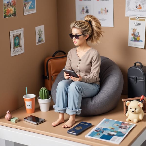 A woman with messy bun and sunglasses, seated on a tiny bean bag with a travel backpack, laptop, smartphone, and passport. Background: mini postcards, world map, power bank.