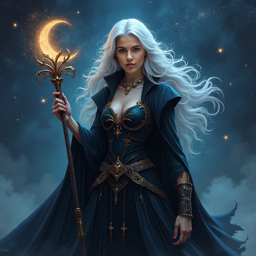 Illustrate a celestial vampire sorceress floating in a night sky filled with stars and swirling nebulas. Her long silver hair blends with the constellations, and her skin glows faintly as if reflecting moonlight. She wears a mystical gown with shimmering, galaxy-like patterns and holds an ancient, glowing staff with a crescent moon symbol. Her expression is serene but intense, and the stars around her pulse with an eerie, supernatural energy.