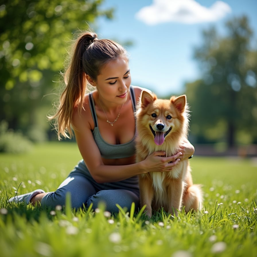 woman in casual athletic wear, surrounded by lush greenery, laughing and playing with her adorable dog in a sunny park, under a clear blue sky with a few puffy white clouds.