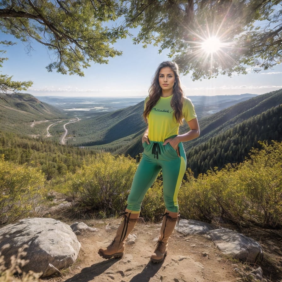 Determined woman on trek, snow-capped peaks, glowing light.