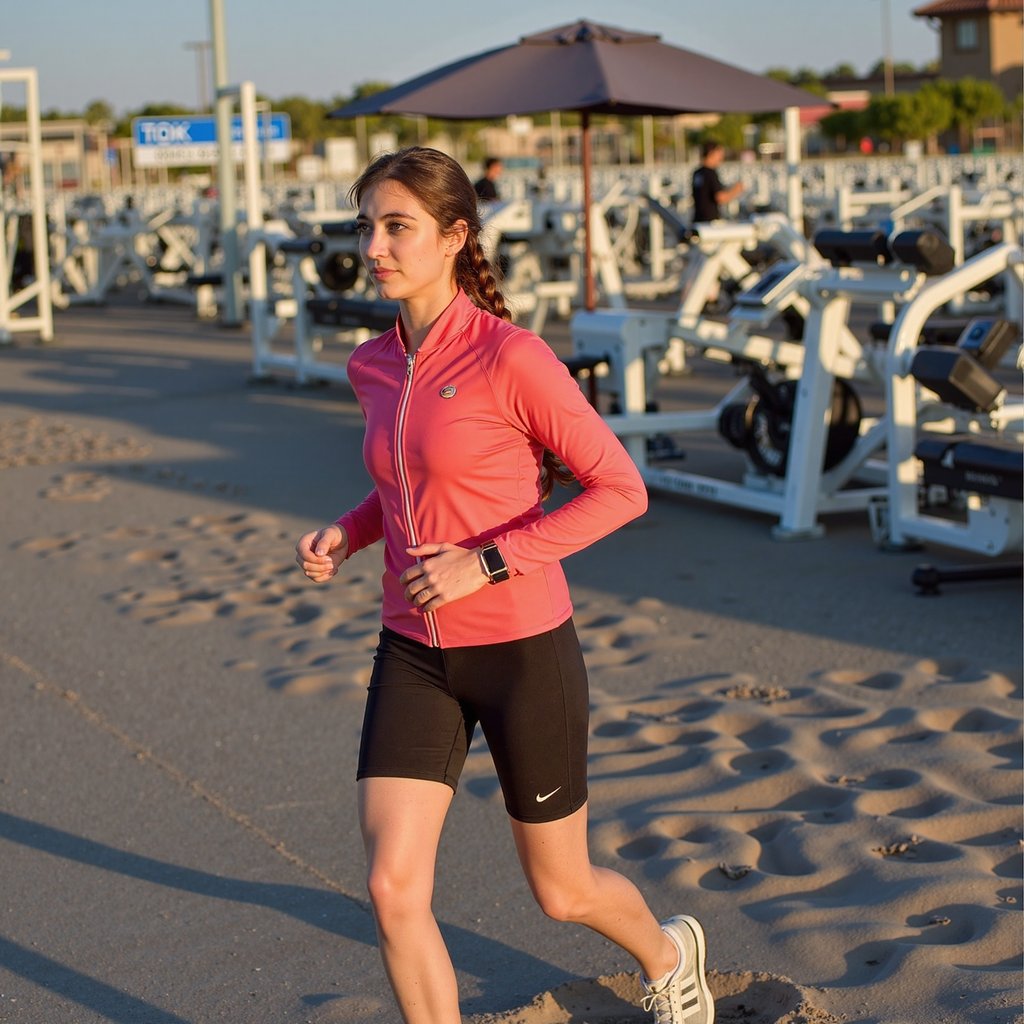 Woman sprinting along compact sand near the shoreline at golden hour; braided ponytail swept back, determined gaze; lightweight coral windbreaker (matte ripstop micro-creases), black compression shorts, knit mesh running shoes; side-on composition at hip height, 85mm, f/2.8, 1/1600, ISO 200 to freeze stride; warm backlight from low sun creating rim along arms and calves, sky fill cooling shadows; background: gentle waves and horizon rendered with soft blur, minimal clutter; visible details: zipper pulls, reflective piping, shoe tread sandy dusting, fine facial pores; highly detailed, highly realistic, HDR.