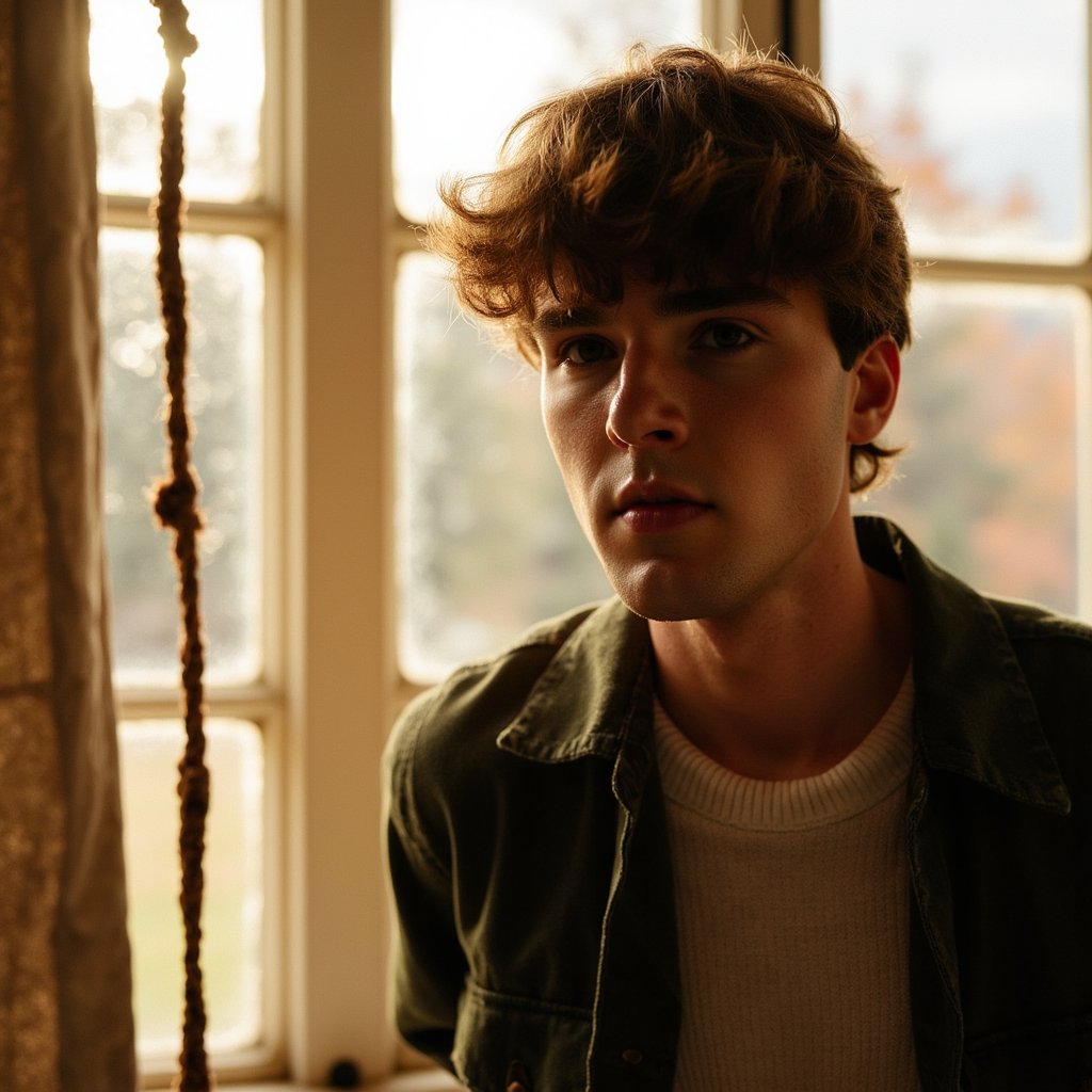 Hyperrealistic, highly detailed, HDR image of a man (male, ~28 yrs) sitting near a large farmhouse window with diffused golden daylight spilling in. Waist-up composition, camera straight-on at eye level. He wears a moss-green flannel shirt layered over a light oatmeal-colored crewneck. His hair is chestnut brown, medium length, slightly messy in a natural way. The light creates gentle contrast between the illuminated right side of his face and soft shadow on the left. His gaze is calm, reflective. Background out of focus: textured linen curtains, faint autumn foliage outside. Detailed skin pores, fine beard texture, flannel weave visible with tiny fibers highlighted by sunlight. Natural cinematic color tones. HDR, high resolution, high quality, highly detailed, photorealistic.