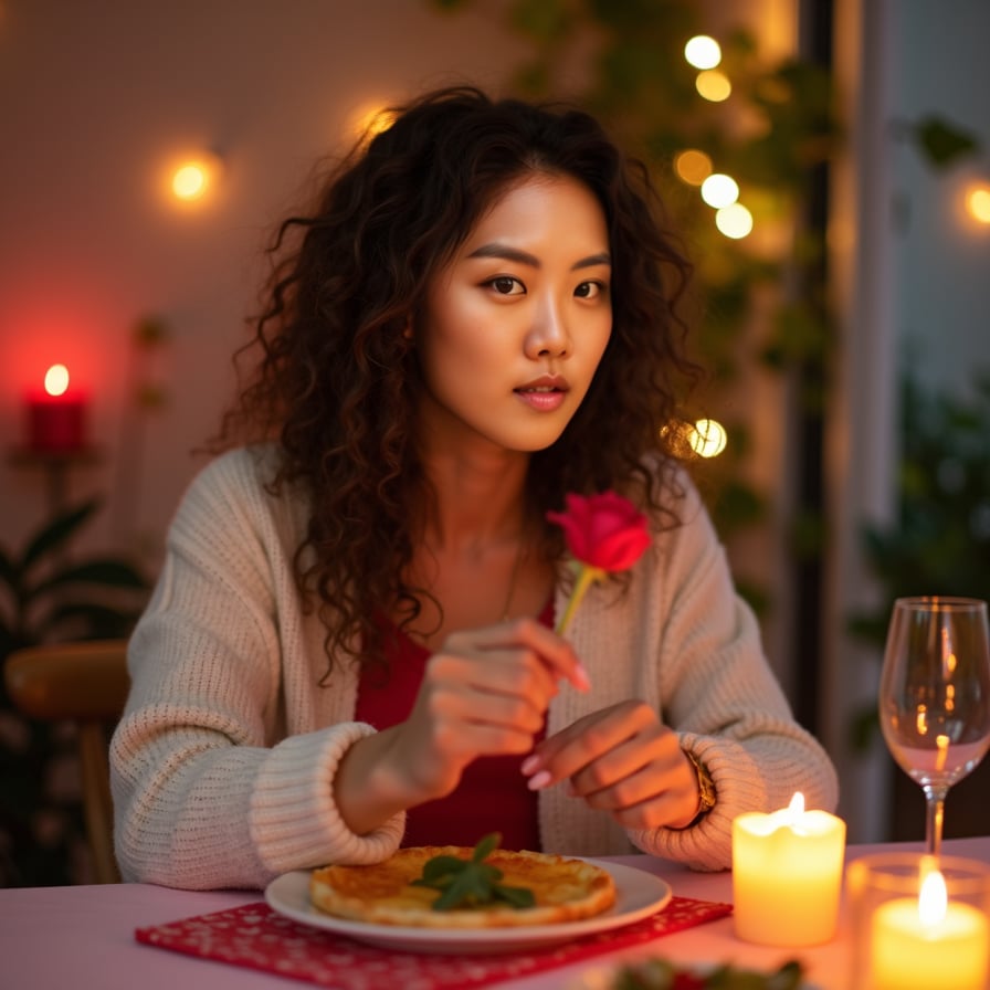 A model enjoying a romantic dinner with candles and soft lighting, set in a warm, Valentine's-themed atmosphere.
