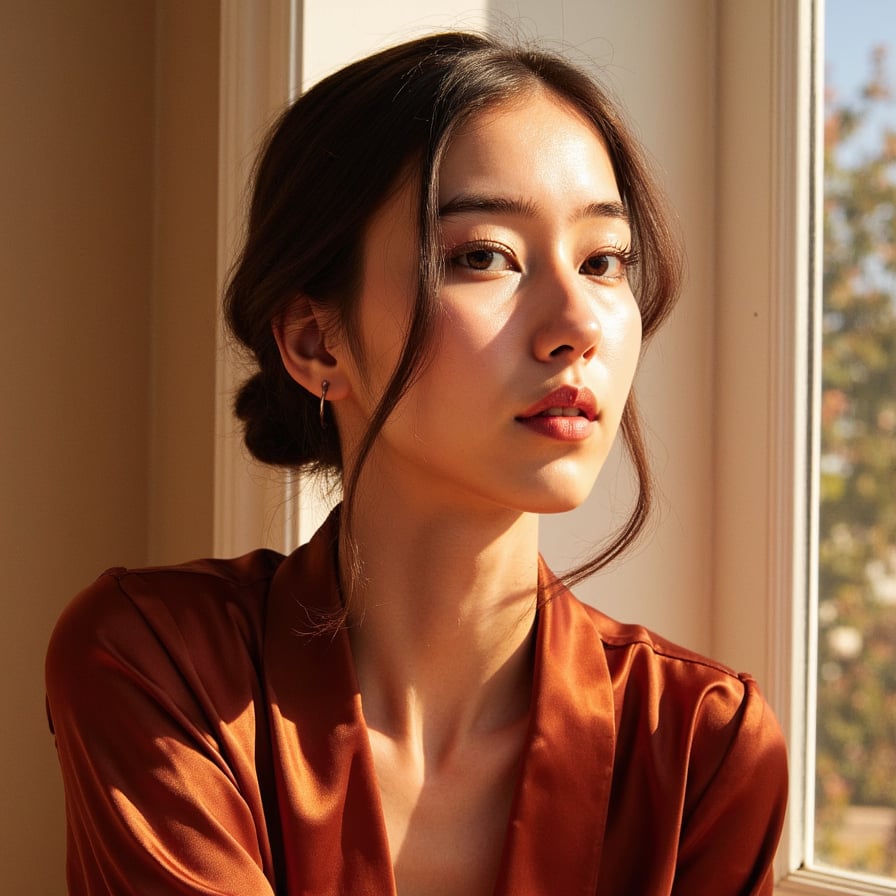 Highly detailed, highly realistic, hyperrealistic HDR close-up of a woman (female, -5°), capturing soft side profile as she turns her face halfway toward light. She wears a deep rust-red blouse with satin texture, visible smooth reflections along folds. Hair styled in an elegant low bun with a few loose strands glowing in backlight. Light outlines her jawline and highlights dust motes in the air. Background blurred into warm beige and faint greenery from window view. Expression serene, timeless Thanksgiving glow. Skin texture, eyelashes, and silk sheen visible in intricate detail. HDR, high resolution, high quality, highly detailed, photorealistic.