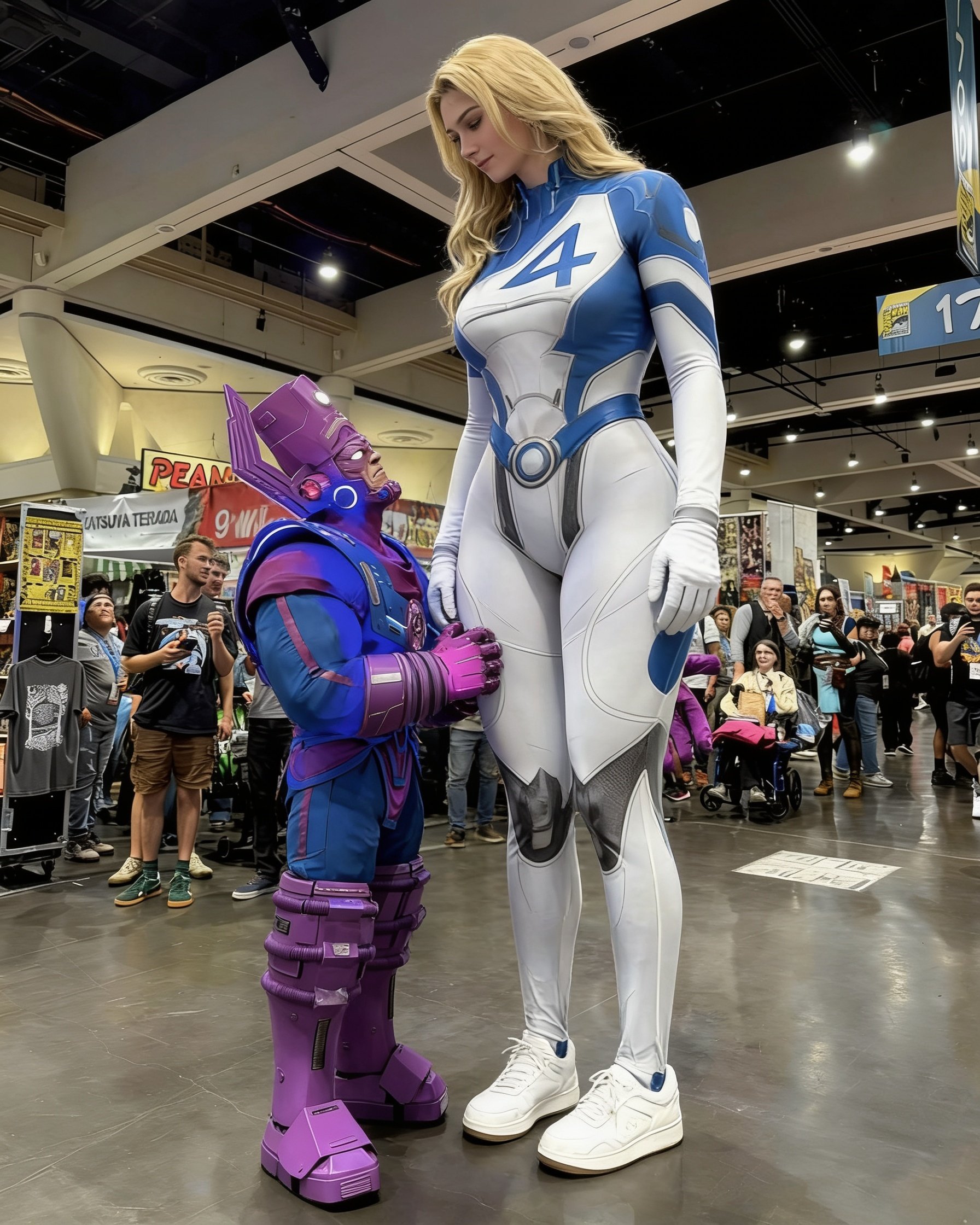 Create a realistic full-body photograph inside a crowded comic convention hall. Show two adult cosplayers with an extreme reversed height difference.
A gigantic blonde woman stands on the right, wearing a fitted white-and-blue futuristic superhero bodysuit with a large blue “4” emblem, white gloves and white sneakers. She is colossally tall, with her whole body uniformly enlarged while maintaining completely normal adult female proportions.
Beside her on the left is a dramatically smaller adult man wearing bulky purple-and-blue cosmic armor, a tall angular purple helmet, shoulder armor, chest armor, large gauntlets and chunky armored boots.
The scale difference must be extreme: the top of the armored man’s tall helmet reaches only around the giant woman’s hip/upper-thigh area. He must look like a normally proportioned adult who has been scaled down — NOT a child, dwarf, compressed body, or shortened legs. The woman must look like a normally proportioned adult scaled enormously upward — NOT stretched or given unusually long legs.
The giant woman bends her gaze naturally DOWN toward the small armored man, looking directly at his face. The armored man tilts his head strongly UP toward her face. Their eye-lines meet naturally, clearly showing that they are interacting with each other.
Both stand directly on the same convention floor, side-by-side, with their complete bodies and feet visible. The enormous difference must come entirely from their physical scale, not camera perspective or one character standing farther away.
Behind them is a busy comic convention with normal-sized spectators, merchandise booths, displays, exposed ceiling beams and overhead convention lighting. The normal-sized crowd should reinforce how gigantic the woman is.
Shot as a normal candid convention photograph from several feet away at approximately eye level. The convention scene itself fills the image. No phone, no hand holding a phone, no photograph-within-a-photograph, no screen, no border, no frame.
Natural indoor lighting, realistic skin, realistic fabric and armor textures, sharp smartphone-photo quality, believable perspective, no cinematic fantasy look and no artificial AI appearance.
Essential composition: gigantic blonde woman on RIGHT; tiny-by-comparison but normally proportioned adult armored man on LEFT; his helmet reaches only her hip/upper thigh; she looks DOWN at him; he looks UP at her; both full bodies visible on the same floor.