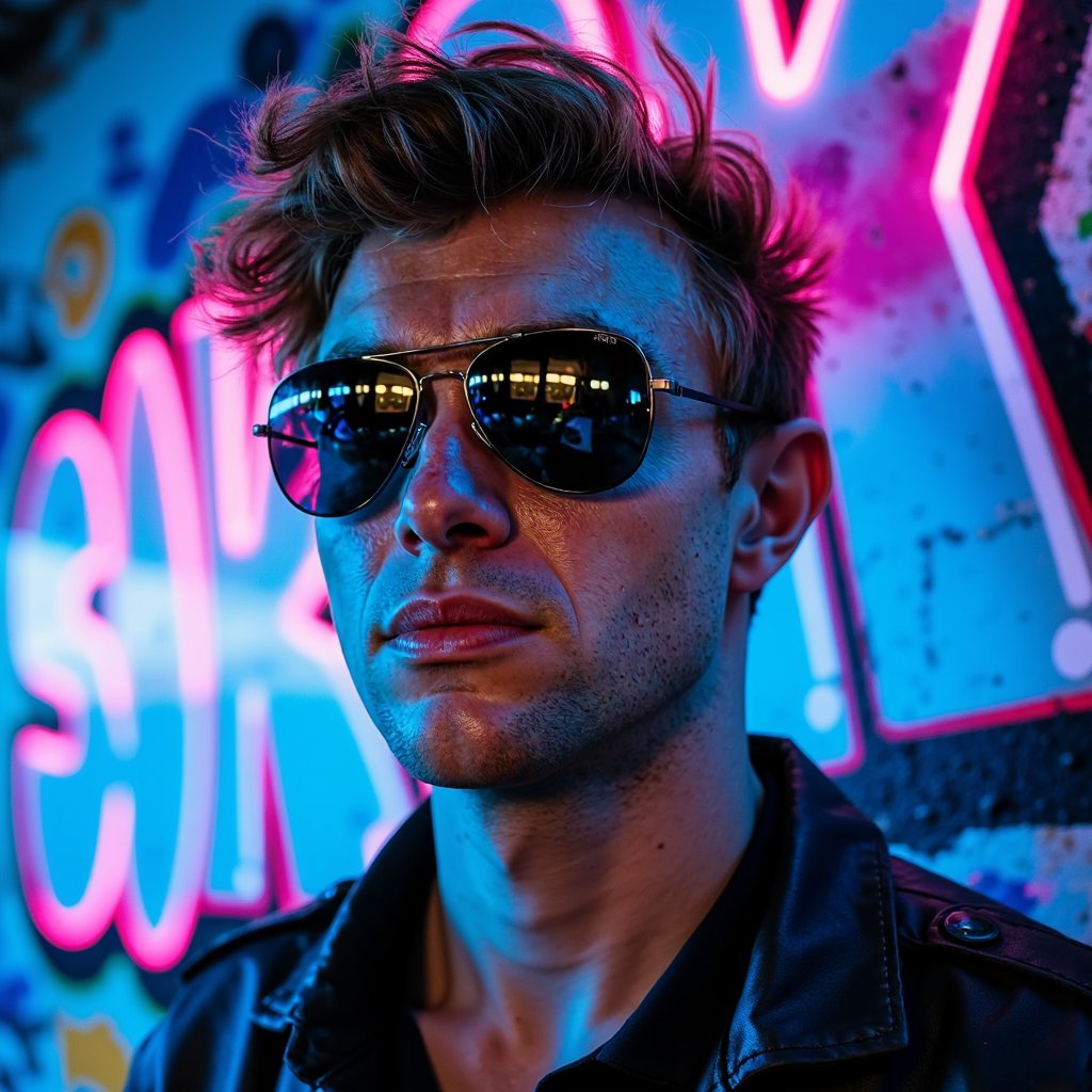 man wearing sleek, reflective black aviator sunglasses, with a subtle hint of stubble across his jawline and a dewy, luminous sheen on his skin. He stands in a tight headshot against a softly blurred neon graffiti wall, bathed in dynamic blue and pink side-lighting, showcasing the subtle wet highlights on his skin and the sharp detail of his facial pores.