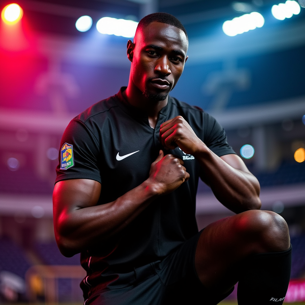 Knee-up portrait of a digital footballer gripping their jersey at the chest, int