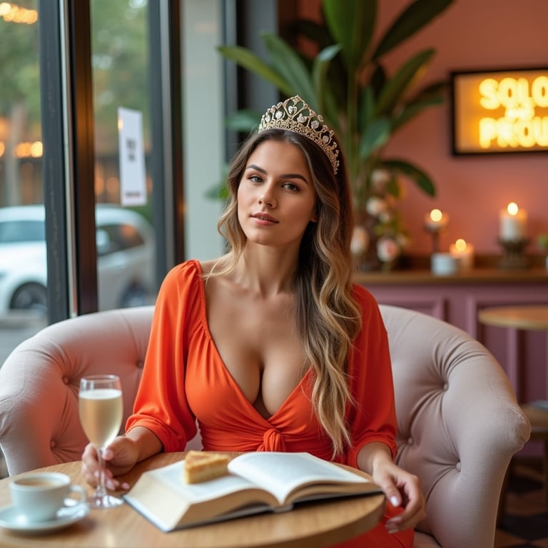 Sit at a cozy café table with a book, a latte, and a slice of cake. Look happy a