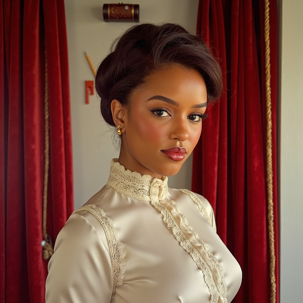1960s yearbook portrait of a female drama student in costume, framed chest-up with a 70mm lens. She wears a high-necked Victorian-inspired blouse in cream satin with lace trim at the collar and cuffs, the fabric showing fine sheen and fold shadows under warm stage lighting. Her hair is styled in a Gibson roll updo, soft tendrils framing her face. Makeup is subtly theatrical — rosy blush on the cheeks, a thin eyeliner wing, and deep red lipstick. She gazes intently just past the camera, expression poised yet dramatic. Skin is rendered with visible fine lines at the eyes, and natural pores along the cheeks. Behind her, blurred red velvet stage curtains provide rich texture, with a faint gold rope tie visible at one edge.