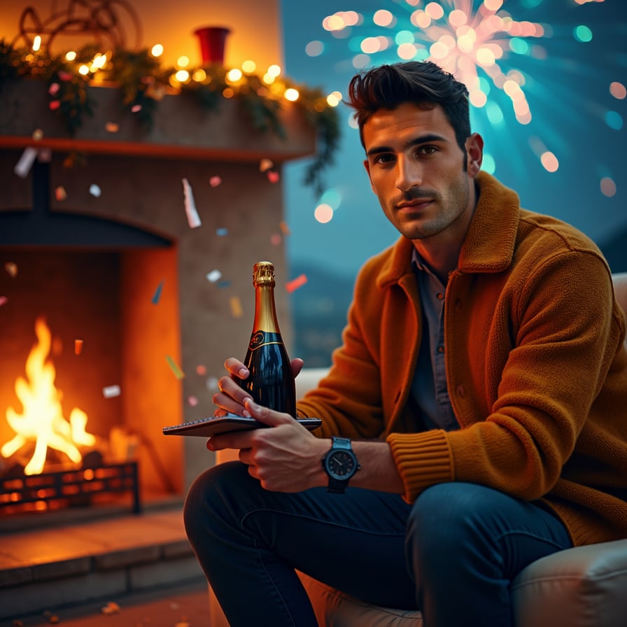 A man in a cozy sweater, sitting by a fireplace, holding a notebook and pen as if jotting down resolutions, looking at the camera with a thoughtful and hopeful expression