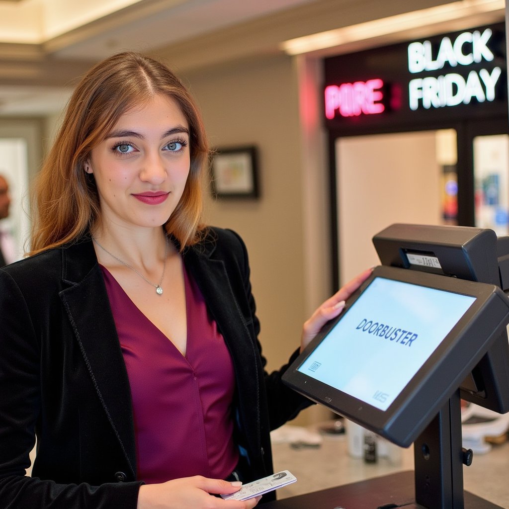 A stylish woman (female) head-and-shoulders at a minimalist checkout, contactless card poised near the terminal (no motion blur). Hairstyle: glossy, voluminous shoulder-length curls with defined highlights; makeup: luminous skin, subtle bronzer, glossy rose lips. Attire: deep plum silk-satin blouse with micro sheen under a black velvet blazer; fine pendant necklace. Pose: calm three-quarter profile toward camera; soft smile; eyes toward the terminal. Camera: 100mm portrait-macro, f/2.2 for crisp facial detail and creamy background. Lighting: warm register display as practical key, soft fill from above, faint cool rim from back signage. Background: blurred “DOORBUSTER” POS screen and tidy countertop; minimal clutter. Fabric detail: velvet pile direction, satin weave luster, stitching on lapels. Highly detailed, highly realistic, HDR, high resolution.