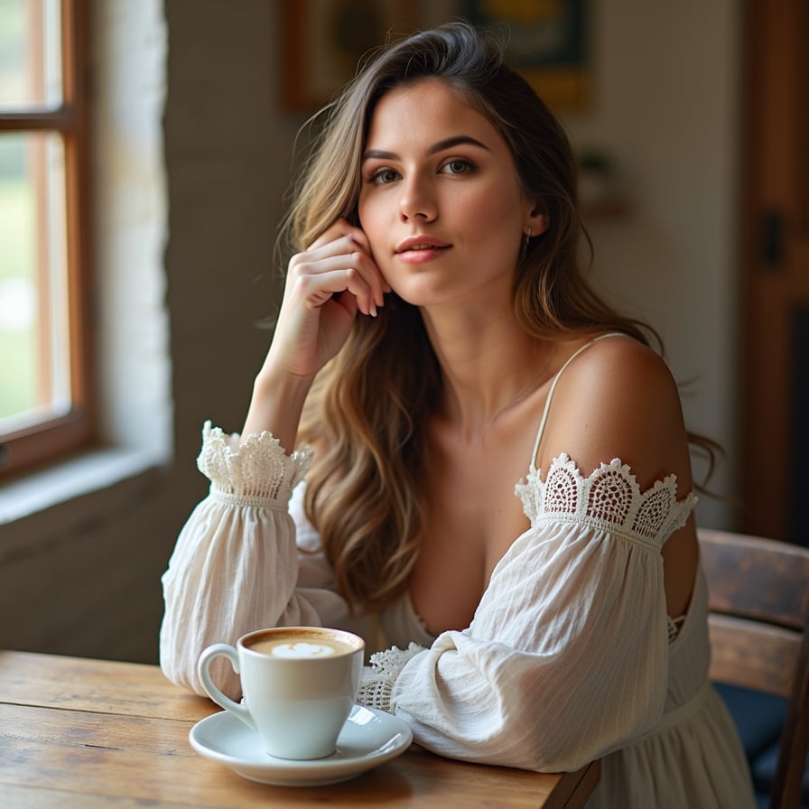 woman with a soft, playful expression. She is styled in comfortable, elegant clothing, sitting in a well-lit room with a cup of coffee or leaning against a rustic wooden fence. The image should highlight her natural charm and relatability