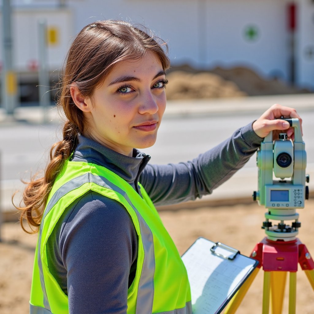 Highly detailed, highly realistic HDR image of a woman civil engineer in a high-vis vest over a slate-gray soft-shell jacket, helmet strapped, durable cargo pants visible; hair in tight braid. Camera: 85mm lens, f/2.8, ISO 200, waist-up, slightly low angle for authority. Lighting: late-afternoon sun as warm key from left, silver reflector fill on right; long cast shadow behind. Pose: standing beside tripod-mounted surveying theodolite, clipboard under left arm, steady determined gaze past camera. Background: softly blurred construction site earthworks and roadway, minimal clutter.