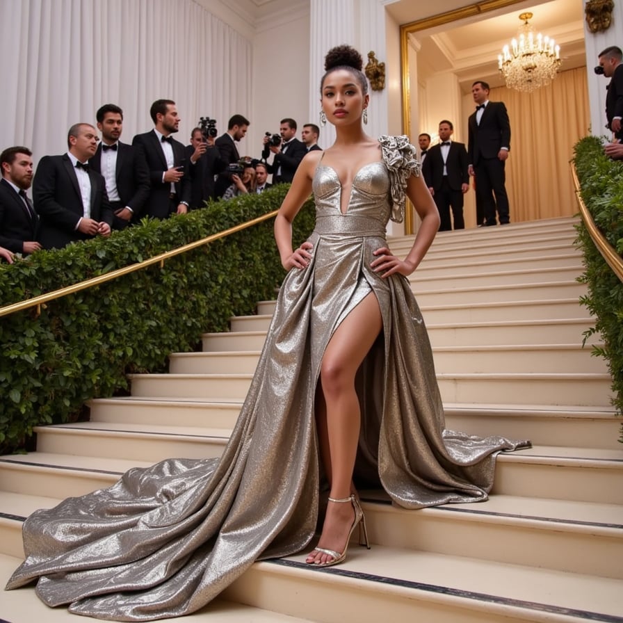 A Met Gala look inspired by futuristic royalty, silver-gold palette, flowing metallic fabrics, asymmetrical silhouette, luxury red carpet setting
