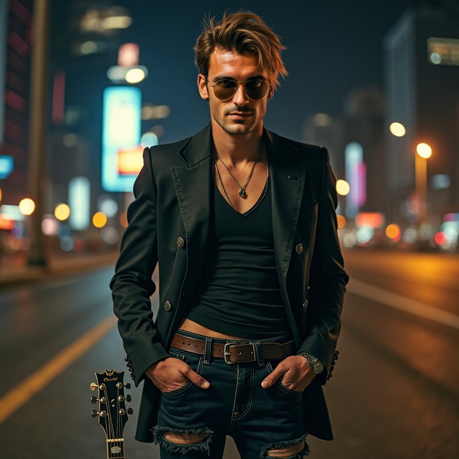 Pose: Standing with his feet shoulder-width apart, with one hand resting on his hip and the other holding a guitar.
Expression: Confident, with a hint of defiance and a sense of nonconformity.
Clothing: A fitted, black tank top and a pair of distressed, high-waisted jeans, giving off a tough, edgy vibe.
Accessories: A pair of aviator sunglasses, a leather belt with a silver buckle, and a messy, undone hairstyle.
Background: A gritty, urban background with a cityscape at night, evoking the feeling of a bustling metropolis.