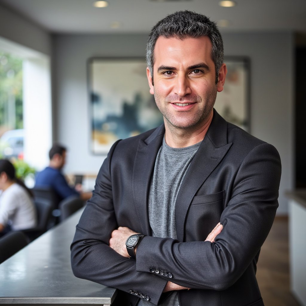 man in a charcoal grey crew-neck t-shirt with subtle texture, casually leaning against a sleek, metallic counter. He has a warm, approachable smile, his gaze directly engaging the viewer. The background features a softly blurred, modern co-working space with distant figures at laptops and abstract art on the walls, illuminated by the gentle glow of natural light filtering through large windows.