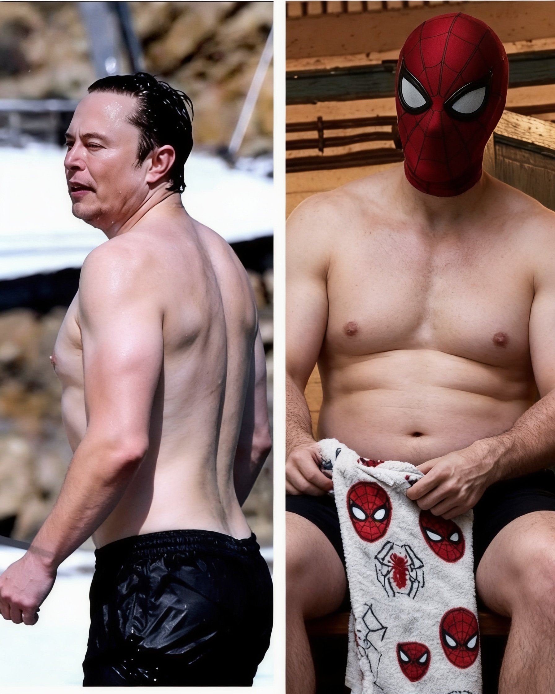 Realistically swap ONLY the body physiques of the two men in this image. Keep everything else exactly unchanged.
LEFT MAN: Keep his exact face, identity, wet hairstyle, pose, camera angle, black shorts and background unchanged. Transform his exposed body into the physique currently shown on the RIGHT in the original reference: lean, athletic and naturally muscular, with broader shoulders, defined upper back and arms, a tighter waist and visible muscular definition. Because he is photographed from a side/back angle, show the muscularity naturally from that exact angle — do not rotate him or expose abs that would not be visible from his pose.
RIGHT MASKED MAN: Keep the Spider-Man mask, exact seated pose, hand position, towel and background unchanged. Replace ONLY his muscular physique with the LEFT man’s original natural soft physique: moderately soft chest, slightly rounded belly, thicker waist and softer arms with no visible abs or muscle definition. Do not make him obese, extremely overweight or exaggeratedly large.
The transformation must look anatomically believable, as though these were their real bodies when the photographs were taken.
Do not change faces, heads, poses, framing, clothing or backgrounds. Do not add Spider-Man costume material anywhere on the exposed body or shoulders. The right man’s body remains completely bare skin below the mask.
Preserve realistic skin texture, body hair, folds, shadows and original photographic lighting. No body distortion, oversized stomach, artificial muscles, smooth plastic skin or costume additions.
PHYSIQUE SWAP ONLY — same photographs, same people, same poses, only their natural body builds are exchanged.