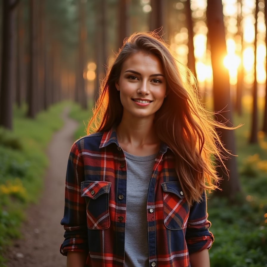 woman standing by a forest trail or beach at sunset. She is dressed in casual outdoor wear, like a flannel shirt or jacket, with her hair slightly windswept. Her smile is bright and carefree, reflecting her vibrant and adventurous personality