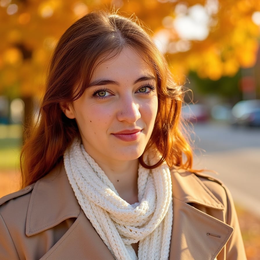 Highly detailed, highly realistic, hyperrealistic HDR close-up portrait of a woman (female, ~27 yrs) standing outdoors during late afternoon golden hour. Camera head-and-shoulders, focus tight on face, background blurred into soft amber foliage. She wears a light tan trench coat with collar folded open and a cream knit scarf wrapped loosely around her neck. Her hair is chestnut brown, soft waves catching the sun. The light creates warm rim highlights and soft bokeh flares around her silhouette. Skin texture visible with faint freckles and rosy undertones. Expression calm, gentle smile. Background purely color field of gold and rust tones — no clutter. HDR, high resolution, high quality, highly detailed, photorealistic.