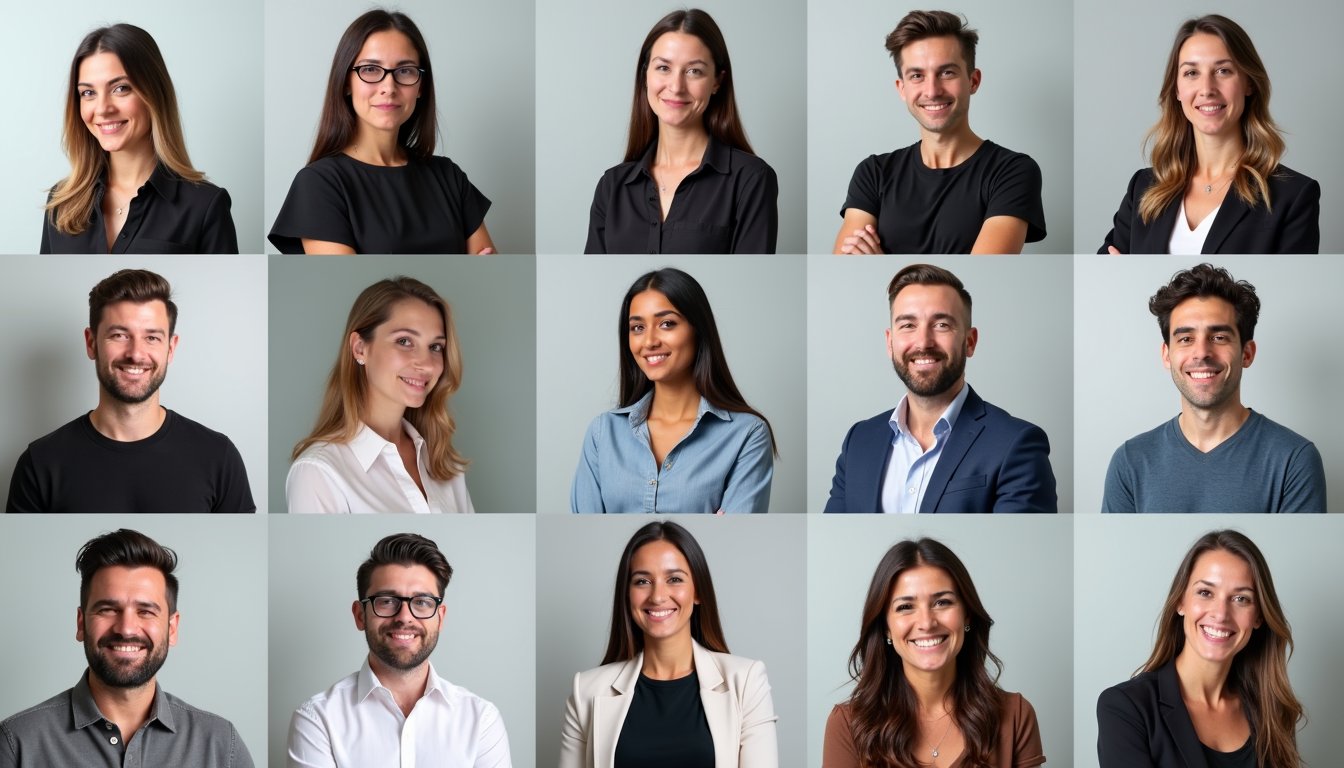 a clean grid of professional headshots with consistent background, soft lighting, and business-casual attire — modern, startup aesthetic