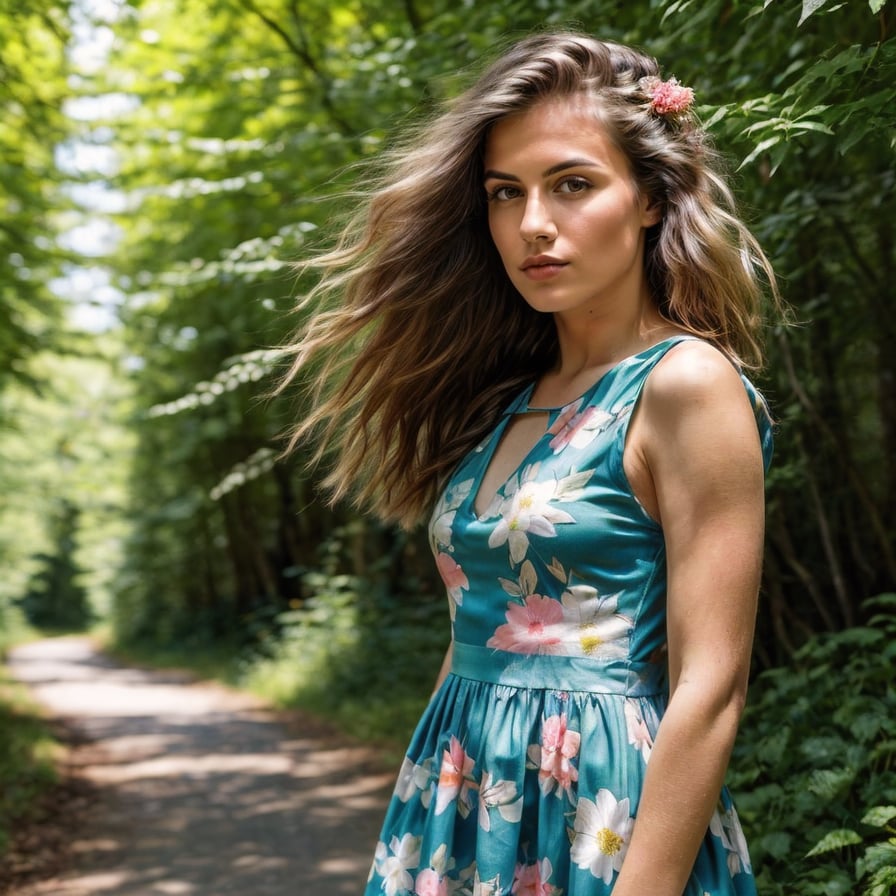 Energetic tropical adventurer, rainforest backdrop, lush greenery, and waterfalls.