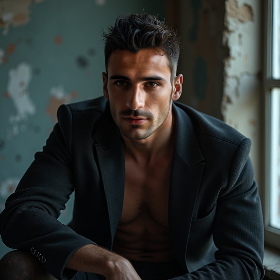 man with a strong artistic vibe. He is styled in dark, textured clothing, with dramatic lighting creating shadows and depth. The background is moody and urban, showcasing an air of mystery and creativity
