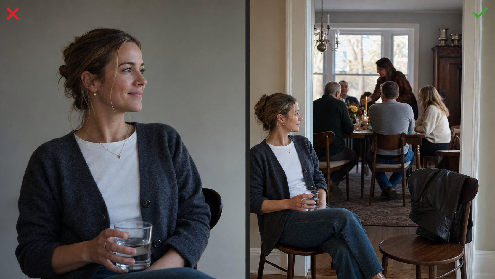 Comparison showing a tight portrait and a quiet candid moment during Thanksgiving