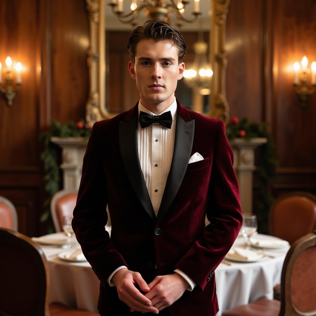 Man standing in an elegant dining room with candelabra and dark wood accents. Hairstyle: combed back with side part, clean shave. Attire: deep burgundy velvet dinner jacket, black satin bow tie, white pocket square. Fabric details: plush velvet nap, satin sheen, fine cotton weave. Camera: slightly above eye level, 85mm, f/1.8. Lighting: candlelight key + faint wall sconce fill; warm and cinematic. Background: blurred candelabra glow, dark mahogany wall paneling, subtle table settings. Pose: hands lightly folded at front, gentle half-smile. Render: highly detailed, highly realistic, HDR; fine facial hair texture, candle reflections on fabric.