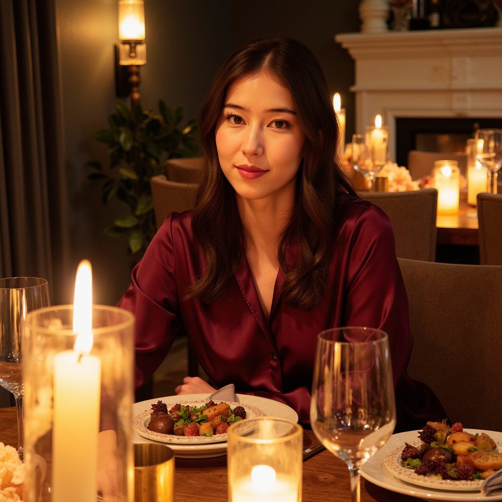 Highly detailed, highly realistic, hyperrealistic HDR portrait of a woman (female, ~34 yrs) seated waist-up at a Thanksgiving dinner table illuminated by soft candlelight. She wears a deep wine-colored satin blouse with subtle folds and sheen. Her hair is styled in gentle loose waves, falling naturally around her shoulders. The camera is at eye level, focusing sharply on her calm smile and relaxed posture, with a shallow depth of field blurring the dinner setting behind — faint shapes of plates, a flickering candle, and golden cutlery. Warm amber light from the candles creates reflections on glassware and highlights in her eyes. The atmosphere feels cozy, cinematic, and elegant. HDR, high resolution, high quality, highly detailed, photorealistic.