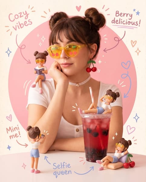 Transform the provided reference image into a cozy aesthetic scrapbook-style composition while strictly preserving the original subject, identity, pose, lighting, and background.

Add multiple small “mini version” characters of the same person (chibi / doll-like style), placed naturally around the scene (on objects, table, shoulder, etc.). These mini figures must match the subject’s face, hairstyle, outfit, and vibe consistently, styled as cute 3D collectible figurines. Show them doing different activities (reading, posing, taking photos, relaxing).

Overlay handwritten-style doodles and annotations across the image: arrows, hearts, stars, sparkles, icons, and playful captions connected to elements in the scene.

Use a soft pastel color palette (white base with pink, peach, blue accents).

Keep the frame visually rich and filled but balanced and clean.

Style: warm, cozy lighting, dreamy Instagram scrapbook aesthetic, soft depth of field, highly detailed, polished but playful.

The final result must look like the SAME original image enhanced with mini alter-egos and aesthetic annotations — not a recreated or different scene.