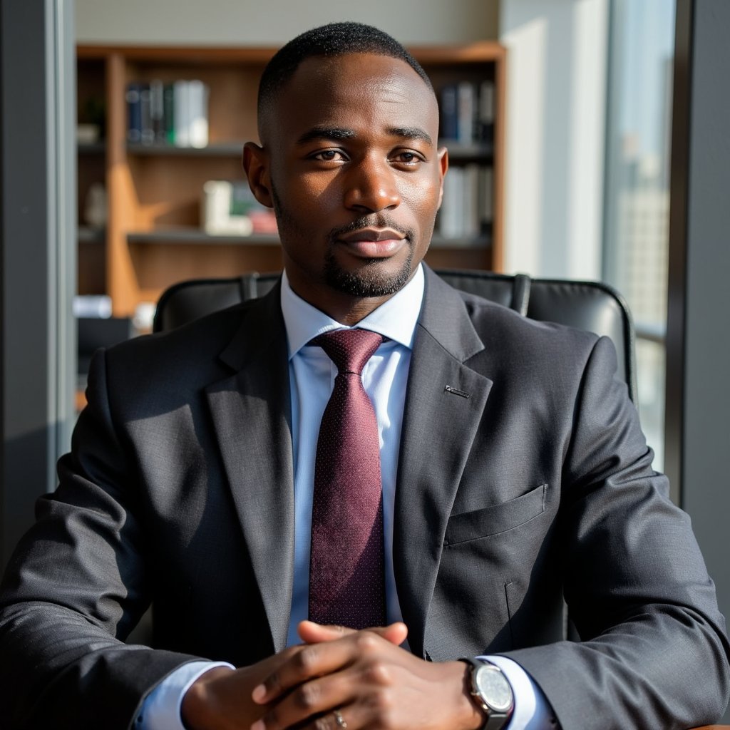 Three-quarter seated shot, 35 mm f/2.4. Man in late 40s, medium brown skin, short fade haircut with sharp edges. Charcoal slim-fit suit, light blue Oxford shirt, patterned navy tie. Leaning slightly forward with clasped hands. Lighting: daylight streaming through glass walls with slight rim on hair. Background: blurred skyline, clean glass surfaces, no paper clutter.