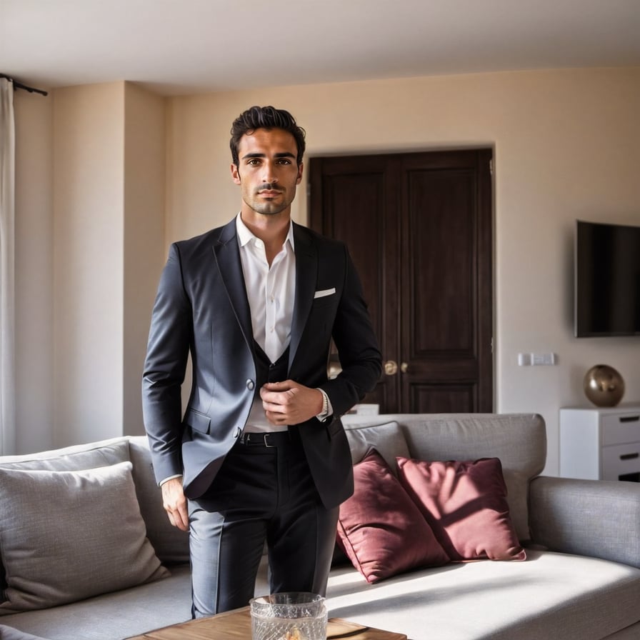 Stylish man in suit, luxury villa, Instagram-ready photo.