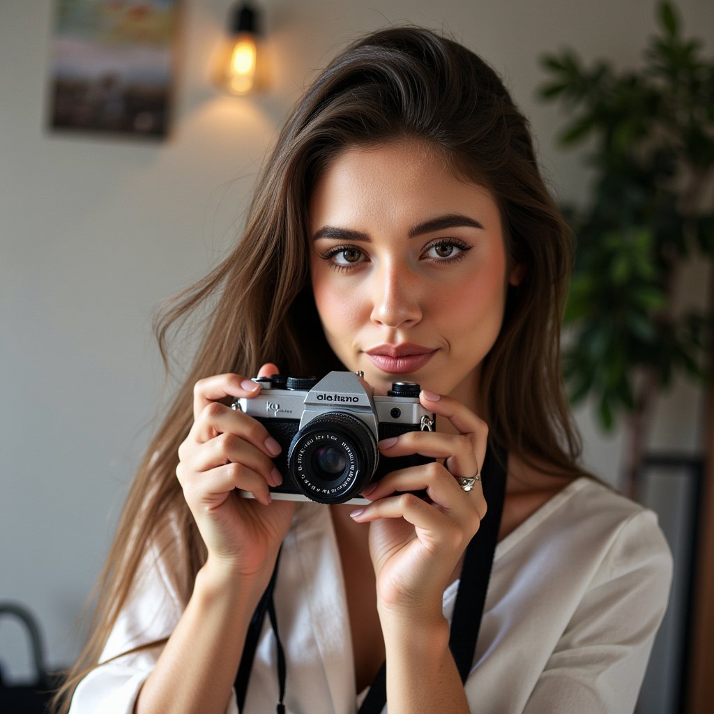 Portrait of a documentary-style photographer holding a camera with both hands, windblown hair, raw natural lighting, capturing the spirit of World Photography Day