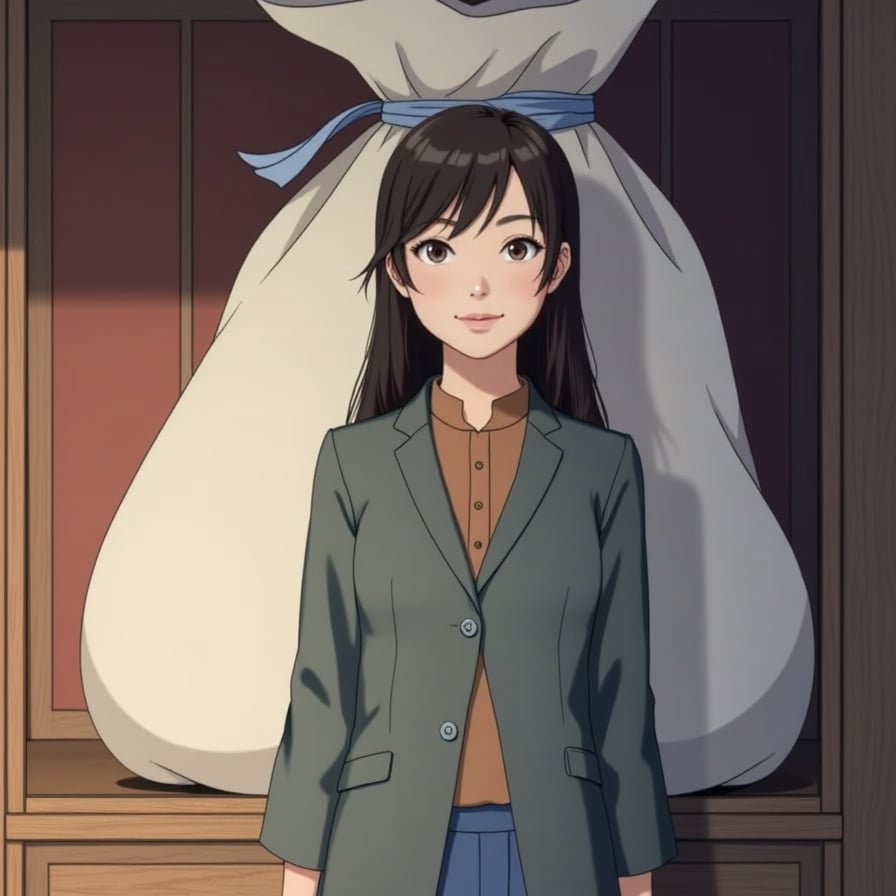 woman in the iconic scene from spirited away, standing in front of a bag silent spirit