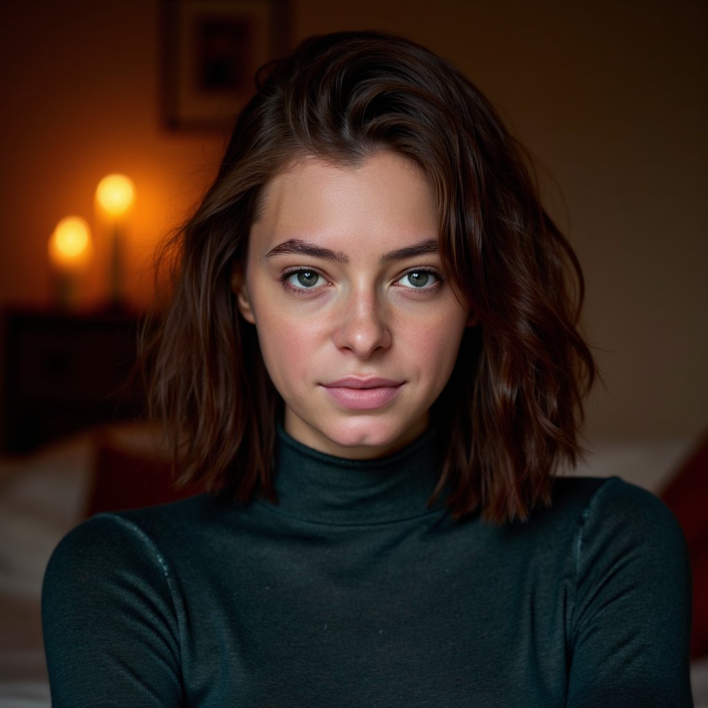 Highly detailed, highly realistic, hyperrealistic HDR close-up portrait of a woman (female, 40 yrs) illuminated by warm candlelight. Camera straight-on, tight head-and-shoulders framing. She wears a dark forest-green wool turtleneck sweater, texture clearly visible in soft folds around the neck. Her hair is mid-length, softly curled, dark brown with auburn undertones catching the candle glow. The background fades into rich darkness with bokeh from two small candles. Her expression gentle, eyes reflecting golden light. Visible skin texture, fine facial hair, soft sheen on lips, and subtle catchlight in eyes. Warm cinematic contrast, candlelight realism. HDR, high resolution, high quality, highly detailed, photorealistic.