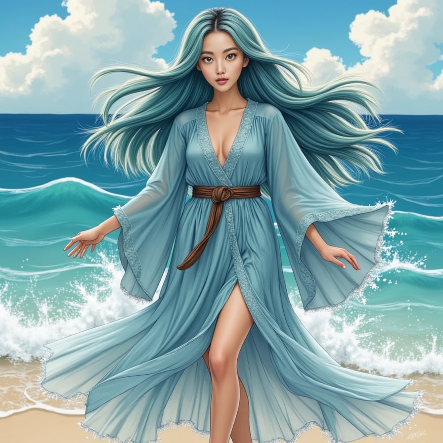 A graceful woman with flowing sea-blue hair, dressed in a robe made of shimmering fish scales. She stands on the shore, her hand outstretched as waves dance around her feet, channeling the quiet magic of the ocean, reminiscent of Ghibli's fantastical worlds.