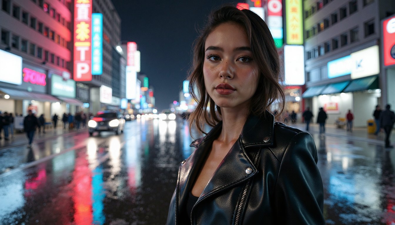 woman wearing a sleek black leather motorcycle jacket, the collar slightly popped, with subtle raindrops clinging to the lapels and her loosely styled hair. Her eyes, subtly enhanced with dark eyeliner and mascara, reflect the blurry, vibrant streaks of neon signs and a few distant car headlights. She walks confidently, looking straight into the camera, her sharp jawline subtly illuminated by the ambient glow of a rain-slicked city street at night. The scene is captured in a cinematic 16:9 frame with a shallow depth of field, highlighting her with exquisite 4K detail.