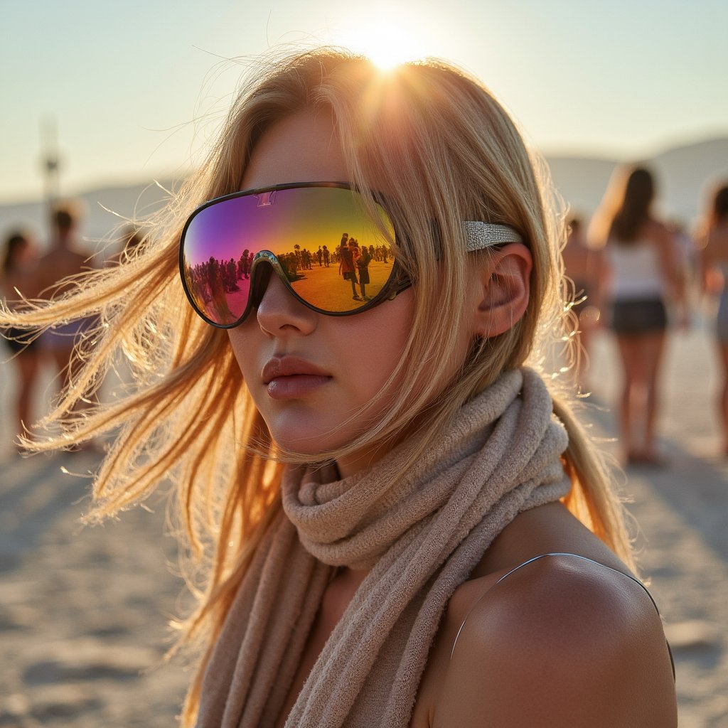 Portrait of a desert festival-goer at Burning Man 2025, reflective goggles, dust-covered scarf, windblown hair, golden hour desert lighting