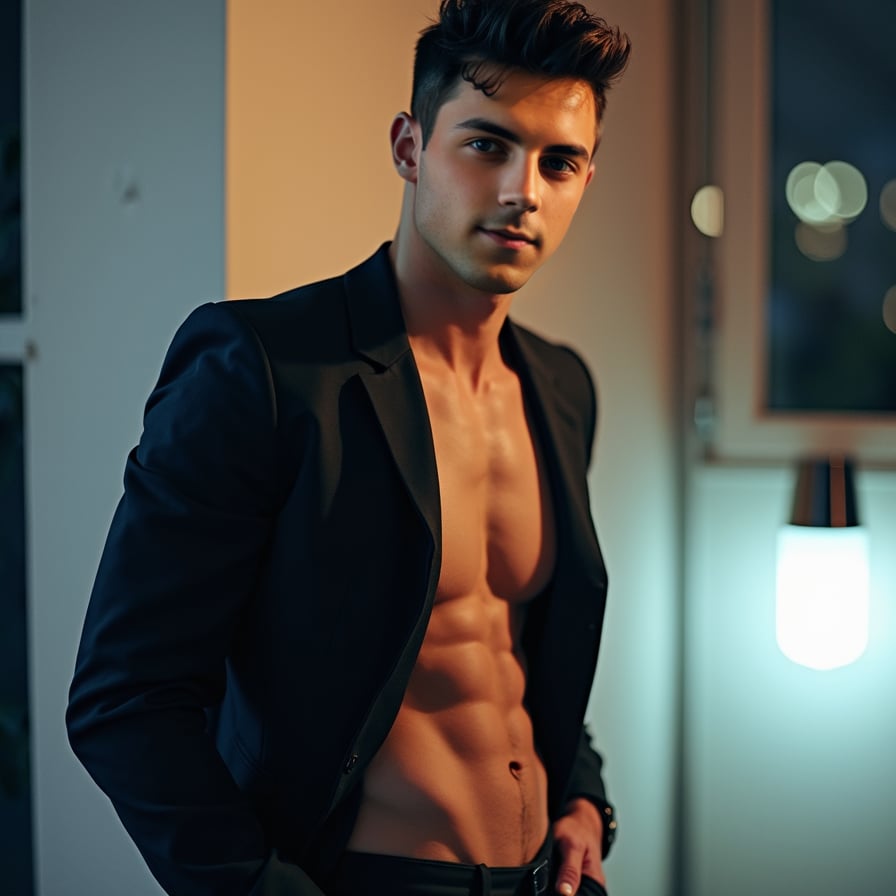 man optimized for profile use. The setting is subtle and elegant, with sophisticated lighting and styling. His expression is confident and approachable, making it audience-ready and visually polished