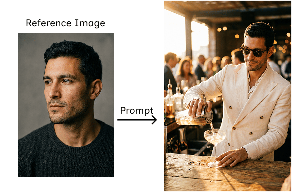 A side-by-side image showing the reference portrait (left) and the generated scene image (right)