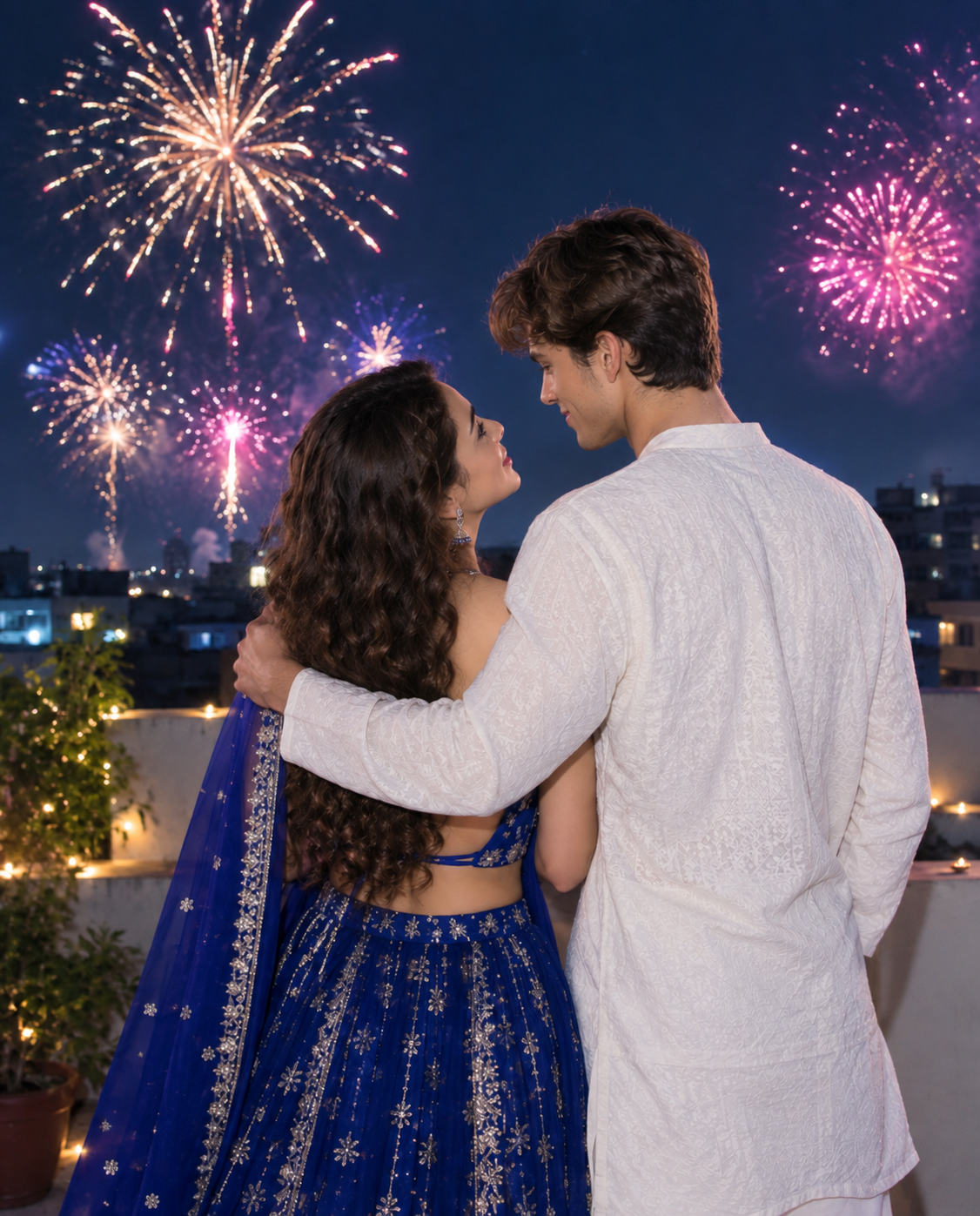 AI Diwali couple photo on a rooftop watching gold and pink fireworks
