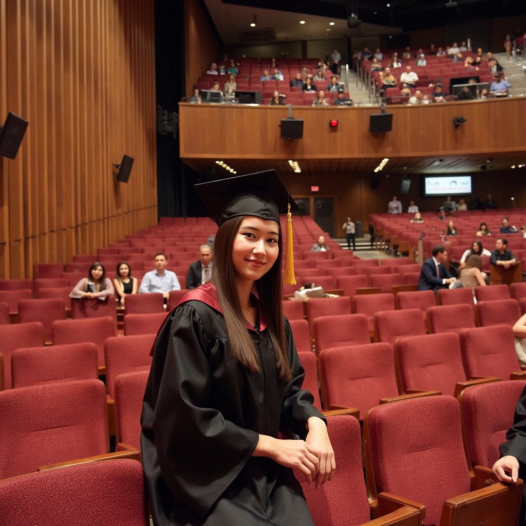 Head-and-shoulders portrait of a woman graduate seated among rows of empty velvet auditorium chairs, turned slightly toward the aisle; wearing a black gown with maroon hood, mortarboard tassel hanging near her cheek; long straight hair tucked neatly behind one ear, calm confident gaze; camera at slight diagonal from aisle level, 70 mm lens, f/1.8; lighting: soft tungsten key light overhead mixed with mild daylight spill from side curtain; background chairs softly patterned blur; visible textures of velvet seat, gown weave, silk hood trim; balanced warm-cool tonality, highly detailed, highly realistic, HDR portrait look.