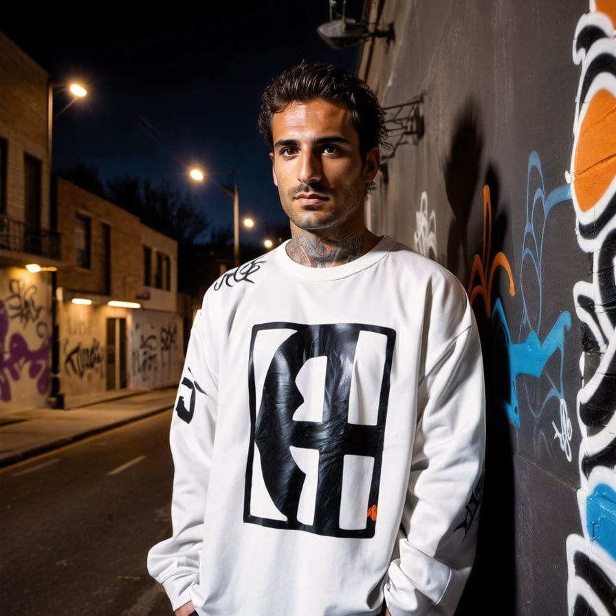 Handsome street punk, graffiti alley, detailed, hyper-realistic setting.