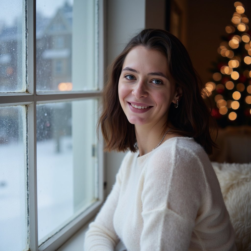 Headshot of a woman sitting beside a snow-frosted window, shoulders slightly angled away, head turned back toward the lens with a gentle soft-smile. She wears a white mohair sweater with fine fuzzy fibers visible and a thin silver chain. Hair: shoulder-length curls, slightly glossy, parted to one side. Makeup: soft berry lips, natural lashes, subtle winter flush on cheeks. Lighting: cool snow-reflected daylight from the window as the key light, with a warm bounce fill from camera-right to give a Christmas glow. Background: cold blue-white window frost with subtle bokeh from outdoor holiday lights; minimal indoor clutter. Camera: 85mm f/1.8, tight frame; highly realistic, highly detailed, HDR, sharp eye reflections and visible fabric texture; still, serene winter mood.